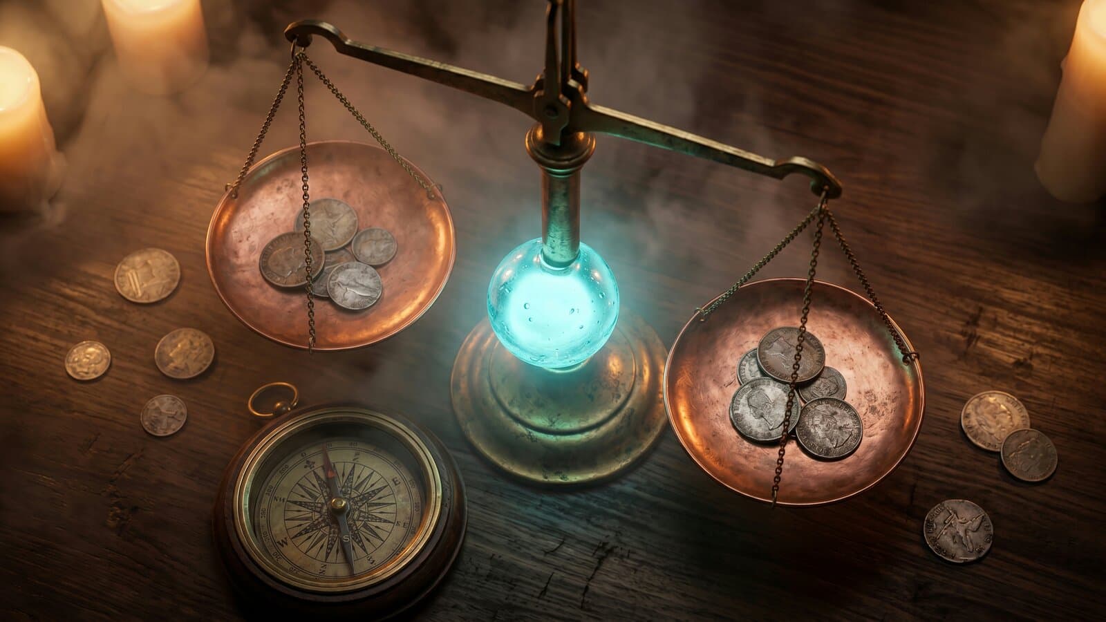Editorial still life — antique brass balance scale with two copper plates, glowing glass orb between them on dark walnut surface