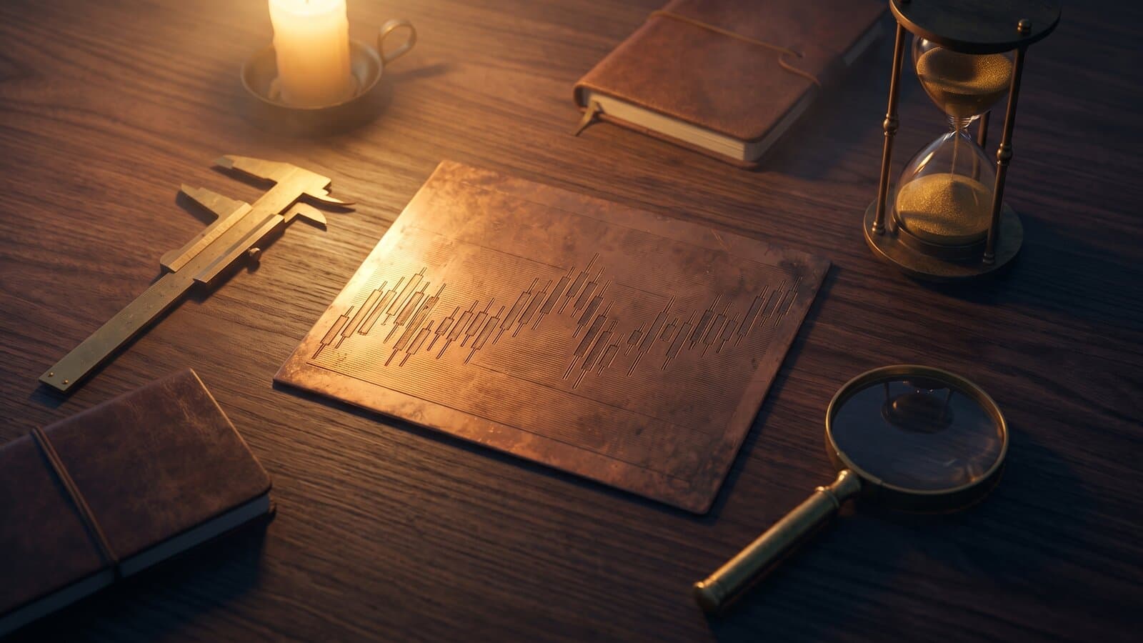 Editorial still life — copper engraving of a chart, brass calipers and a sand-timer on dark walnut