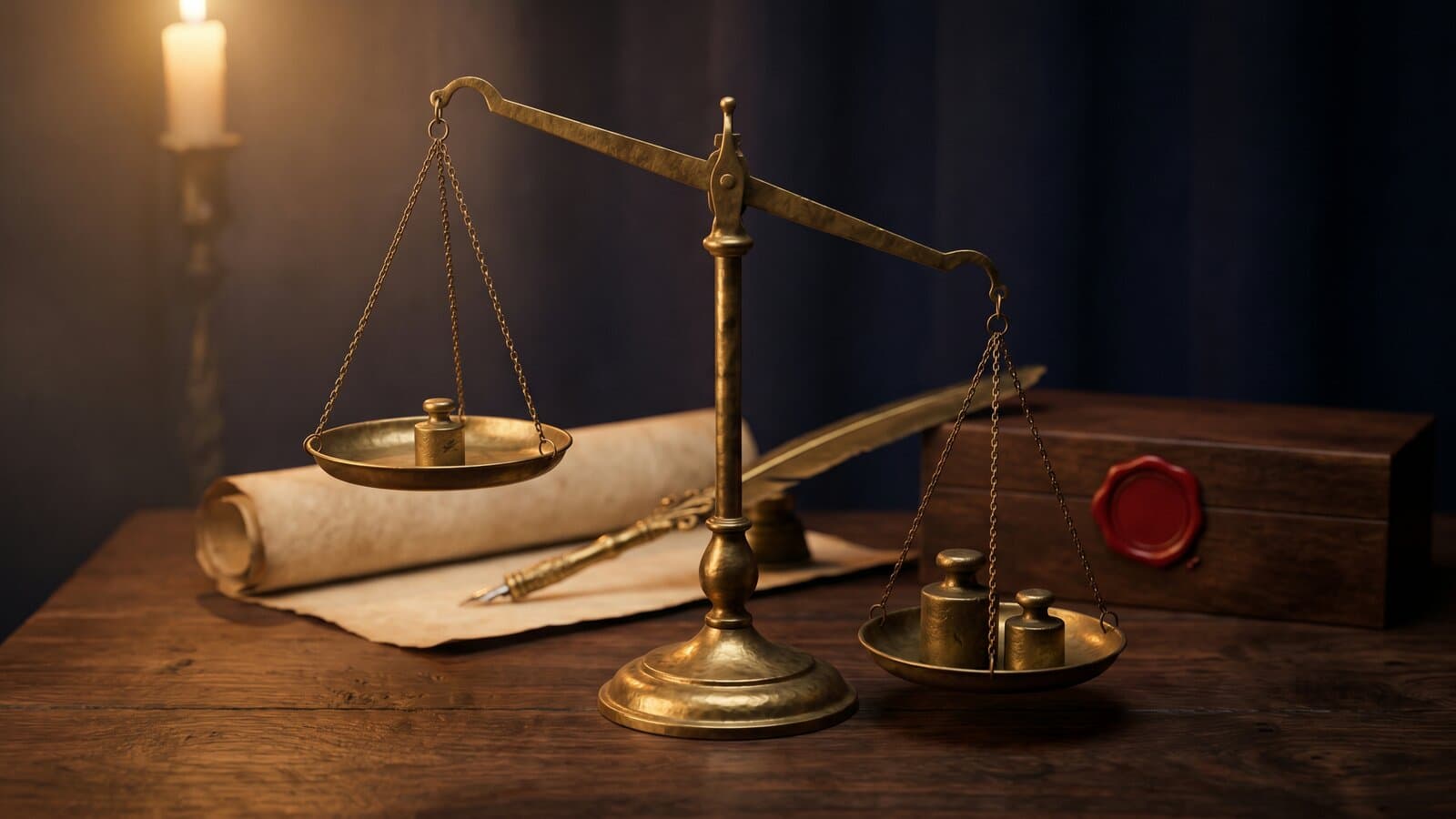 Editorial still life — antique brass scale tipped right with one weight on the left and two larger weights on the right, parchment and wax seal on dark walnut
