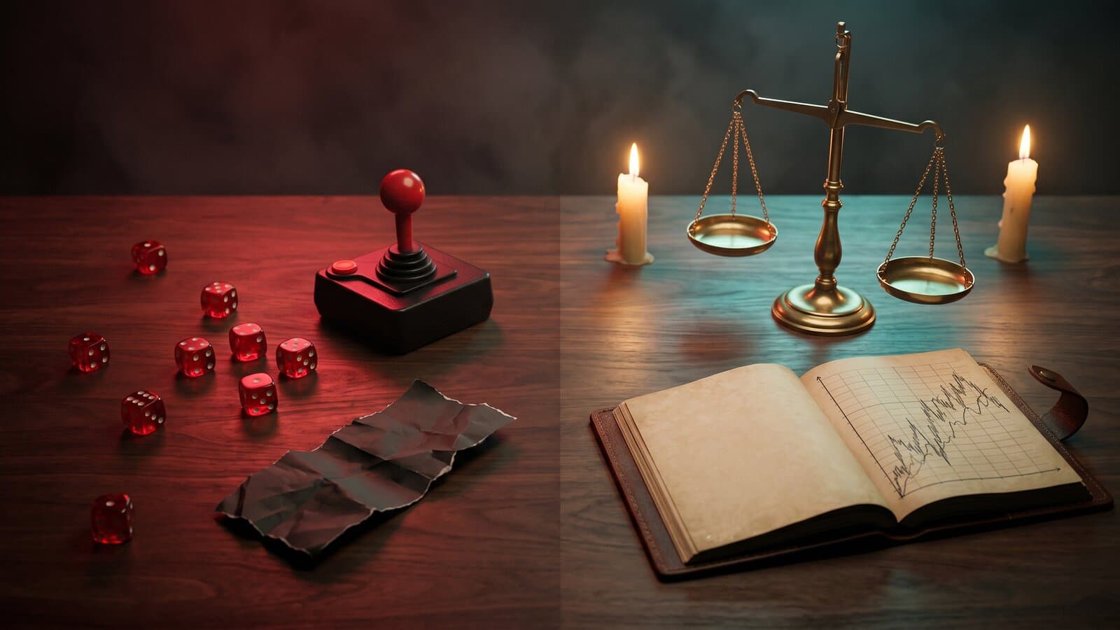Editorial still life — red dice and an arcade lever in red light on the left, brass scales and an open ledger with an engraved chart by candlelight on the right