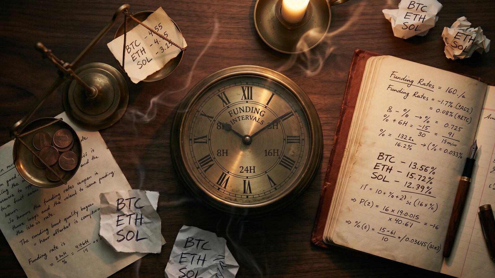 Editorial still life — brass clock showing 8-hour funding intervals, leather ledger of rate calculations on dark walnut