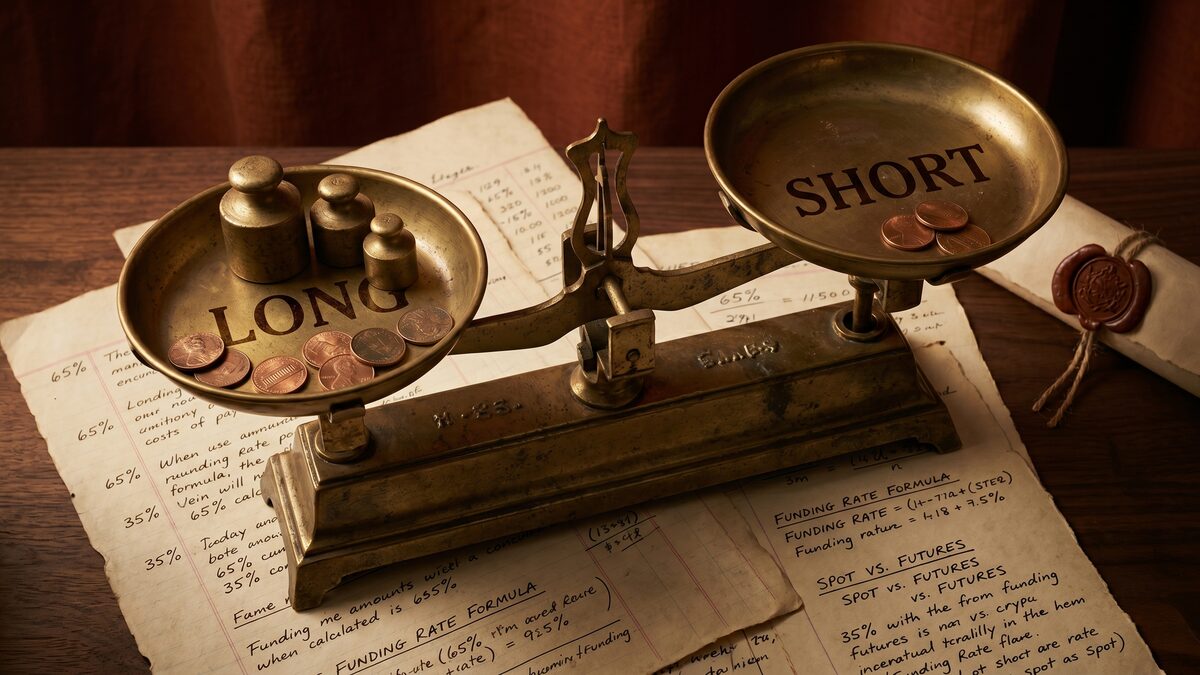 Antique brass balance scale labeled LONG and SHORT — a visual metaphor for funding rate imbalance