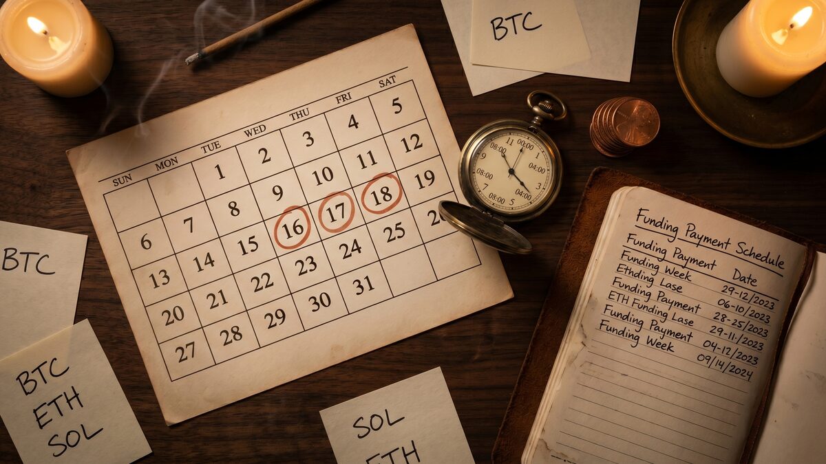 Editorial still life — antique brass pocket watch showing funding intervals next to a leather notebook of payment timestamps