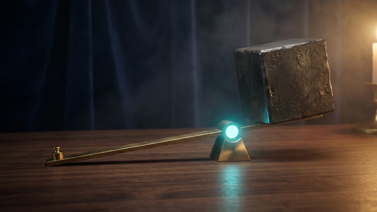 Editorial still life — a brass lever on a fulcrum, a tiny weight on the long arm lifting a massive dark cube, a glowing cyan orb at the pivot point