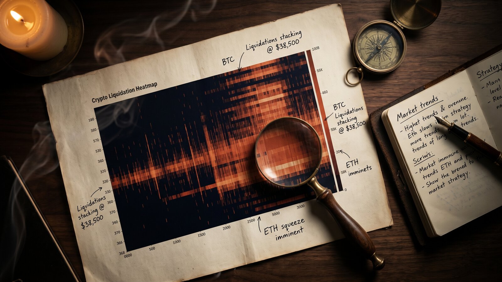 Editorial still life — liquidation heatmap, magnifying glass, trader notes on dark walnut surface