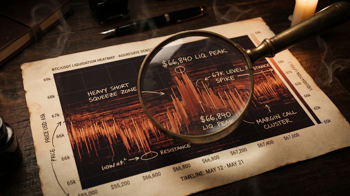 A printed liquidation heatmap with handwritten annotations next to a brass magnifying glass