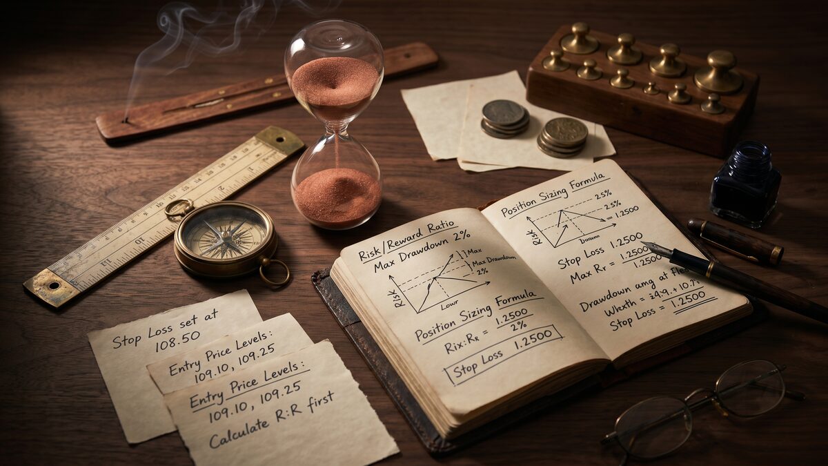 Editorial still life of trading discipline tools — compass, ruler, hourglass, leather journal