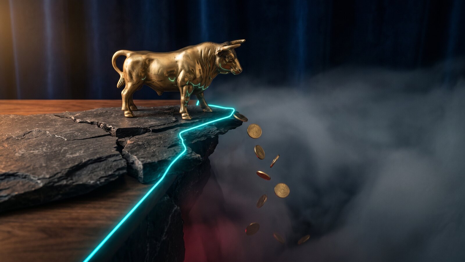 Editorial still life — a brass bull at the very edge of a cracked stone ledge, a glowing cyan danger line, gold coins tumbling into a foggy abyss