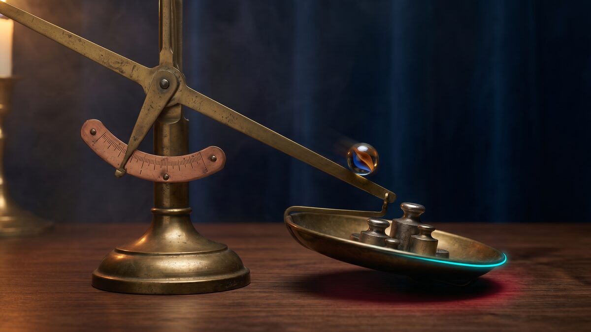 Brass balance scales with a marble rolling toward the low edge — a picture of how loss eats into margin and pulls liquidation closer