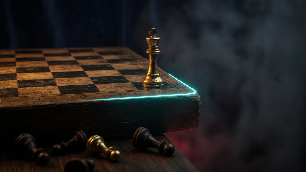 A brass chess king on the very edge of the board over a dark abyss — a high-leverage position on the brink of liquidation