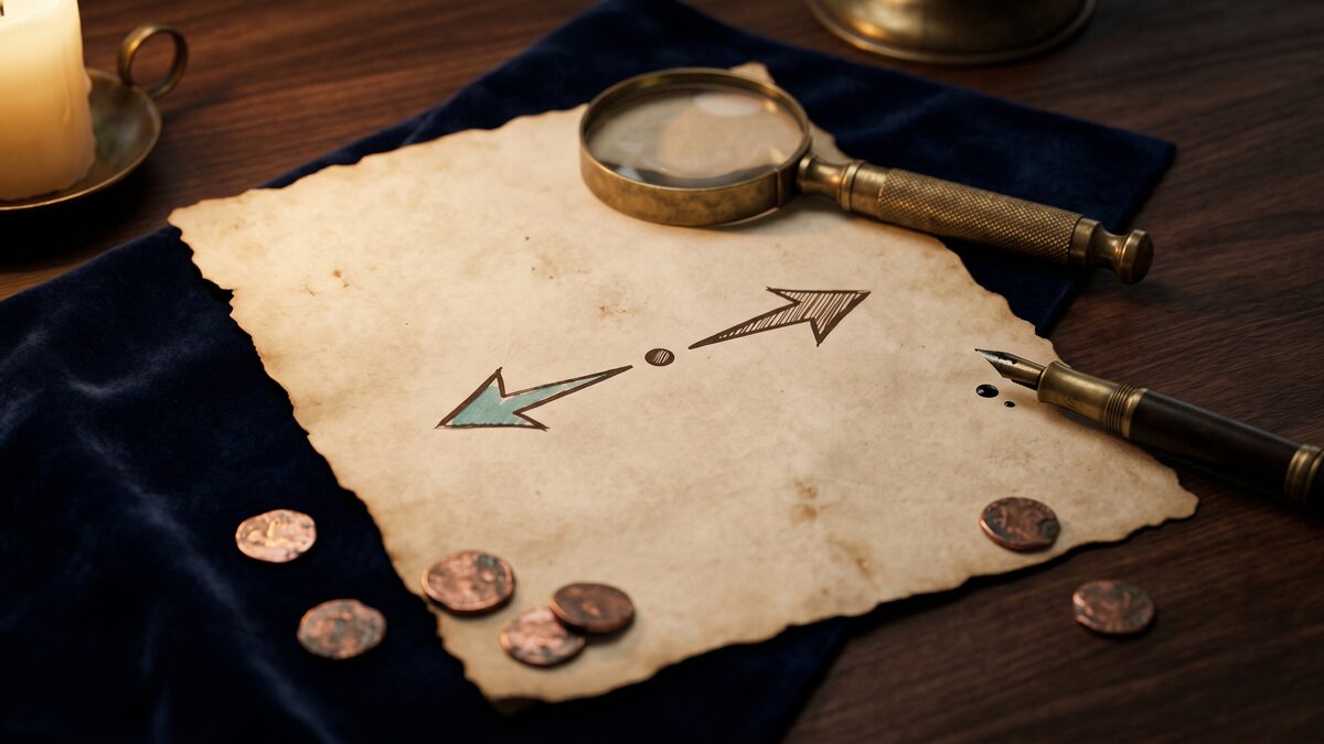 Editorial still life — aged parchment with two opposing arrows, brass magnifying glass on top, dark walnut surface