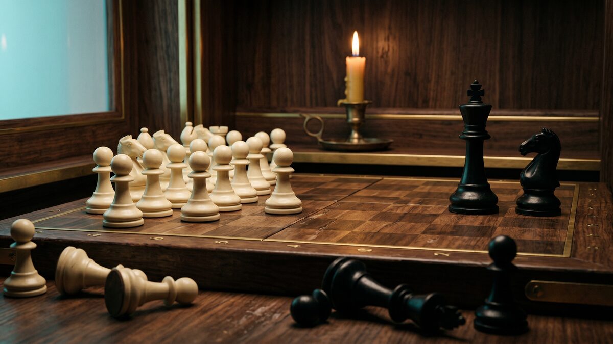 Editorial still life — chess board mid-game with many small pawns on one side and a pair of tall pieces on the other, candlelight on dark walnut