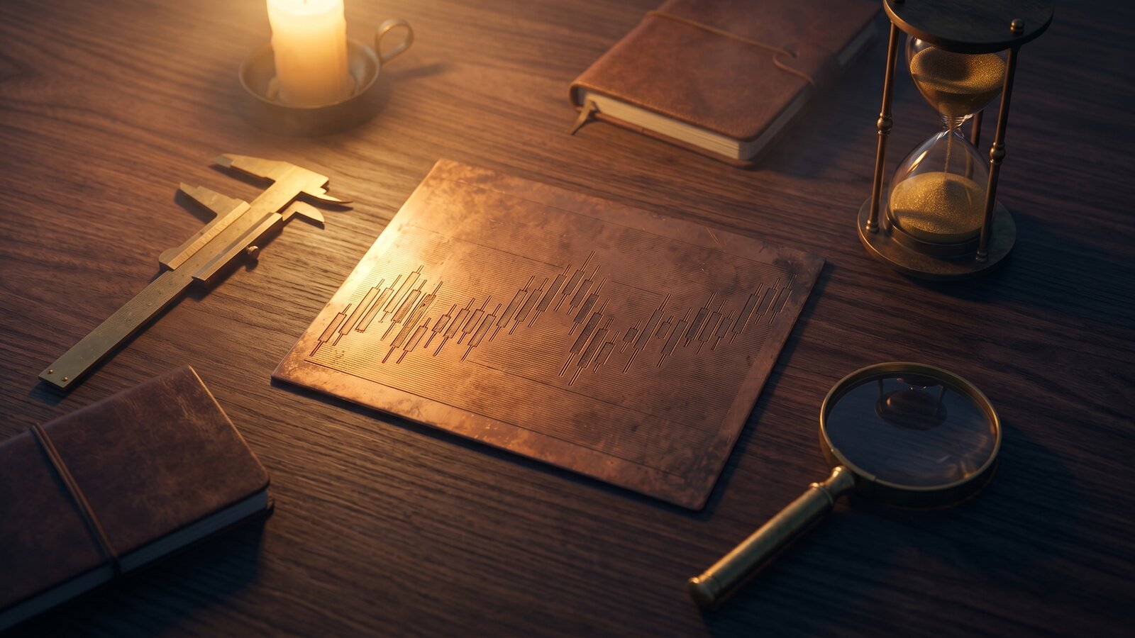Editorial still life — copper engraving of a chart, brass calipers and a sand-timer on dark walnut