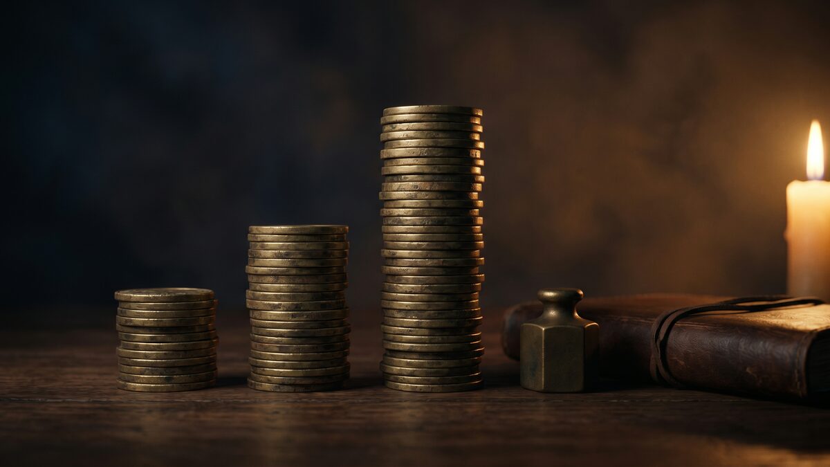 Ascending stacks of brass coins — metaphor for position accumulation and Open Interest growth