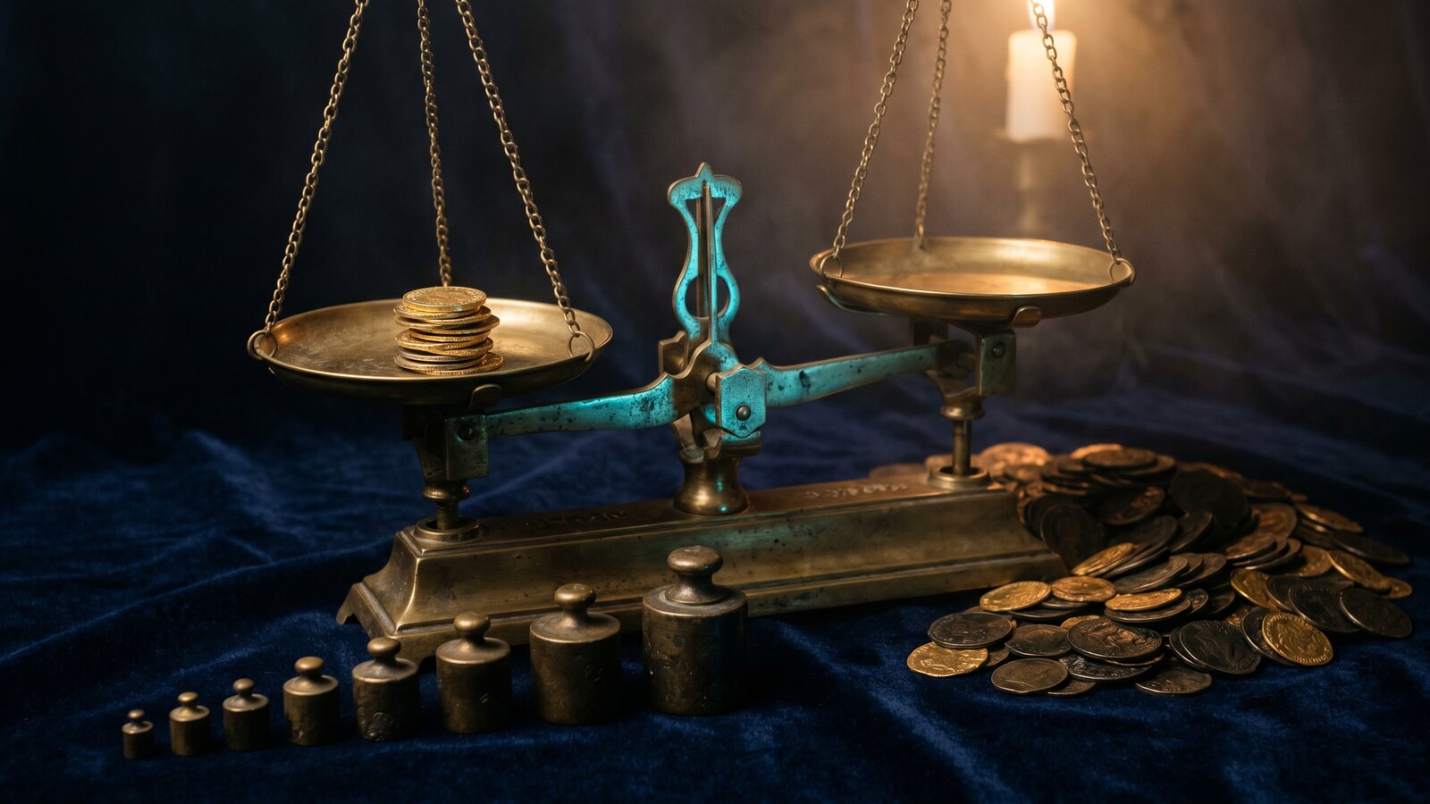 Editorial still life — brass apothecary scales on deep navy velvet, a measured stack of gold coins on one pan and a large pile of coins in shadow nearby
