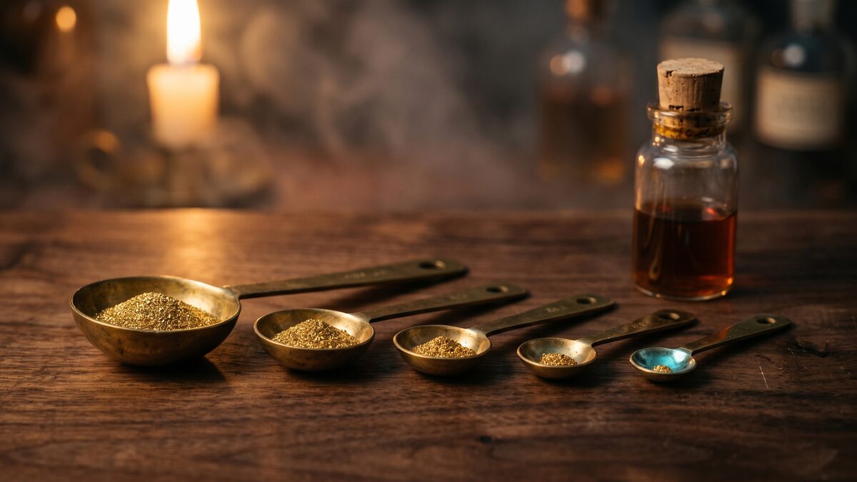 A row of brass measuring spoons of decreasing size holding gold dust — a metaphor for dosed risk