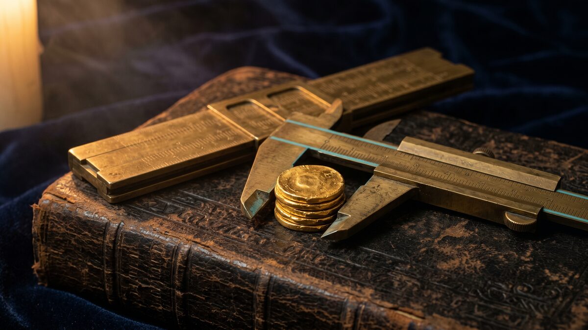 A brass slide rule and calipers measuring a stack of coins on an aged ledger