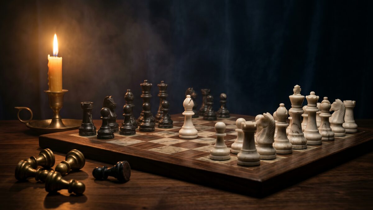 Antique chess board with a brass bishop in forward position — metaphor for calculated risk