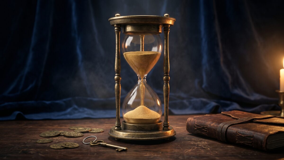 Antique hourglass and brass coins — metaphor for time and asymmetric opportunity