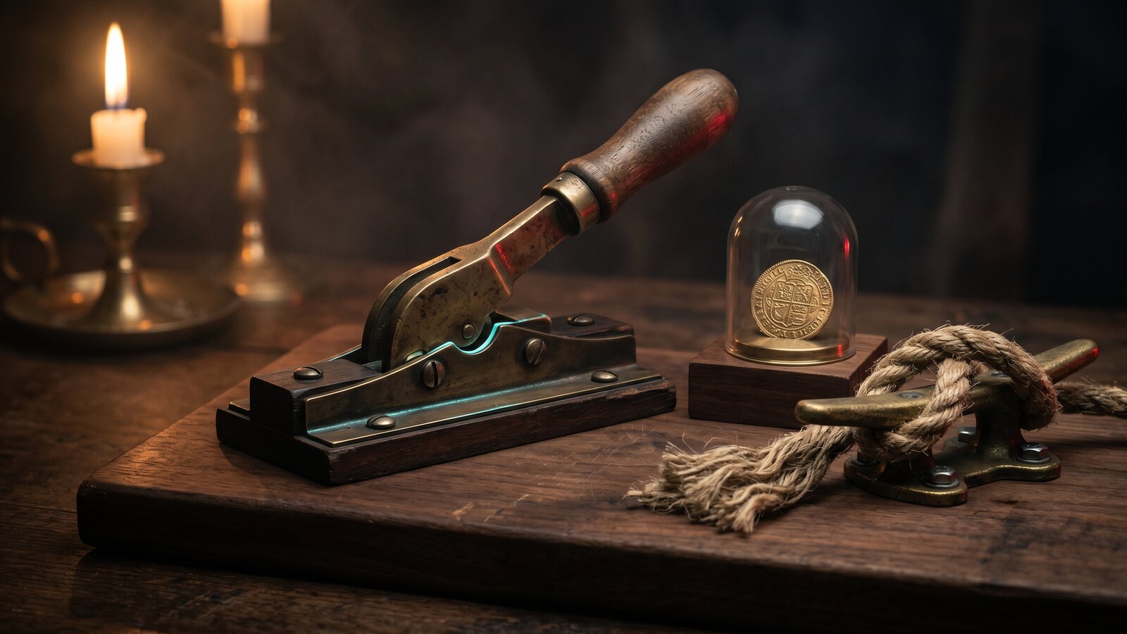 Editorial still life — a brass circuit-breaker lever on dark walnut, a gold coin under a glass dome and a rope secured to a brass cleat