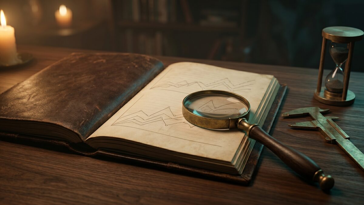 Editorial still life: an open leather ledger with an engraved line chart, a brass magnifying glass over the page, calipers and a sand-timer in cool cyan light