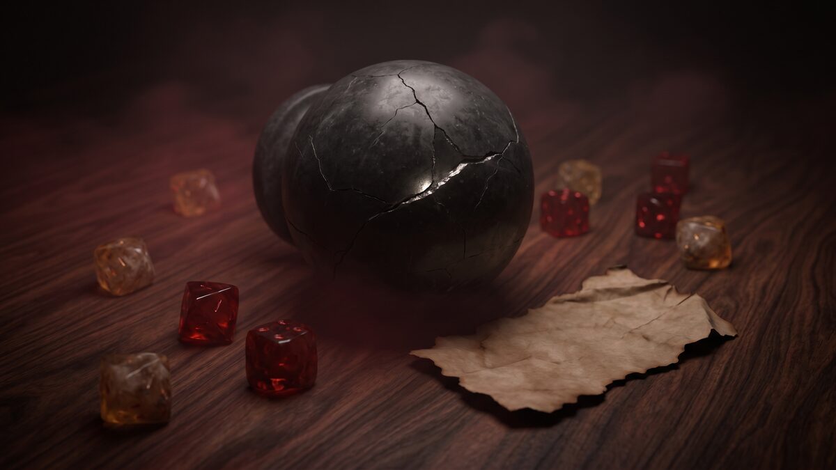 Editorial still life: a cracked dark crystal ball lying on its side among scattered dice and a torn paper slip in reddish light